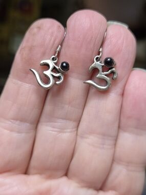 Om Symbol Sterling Earrings Natural Black Onyx